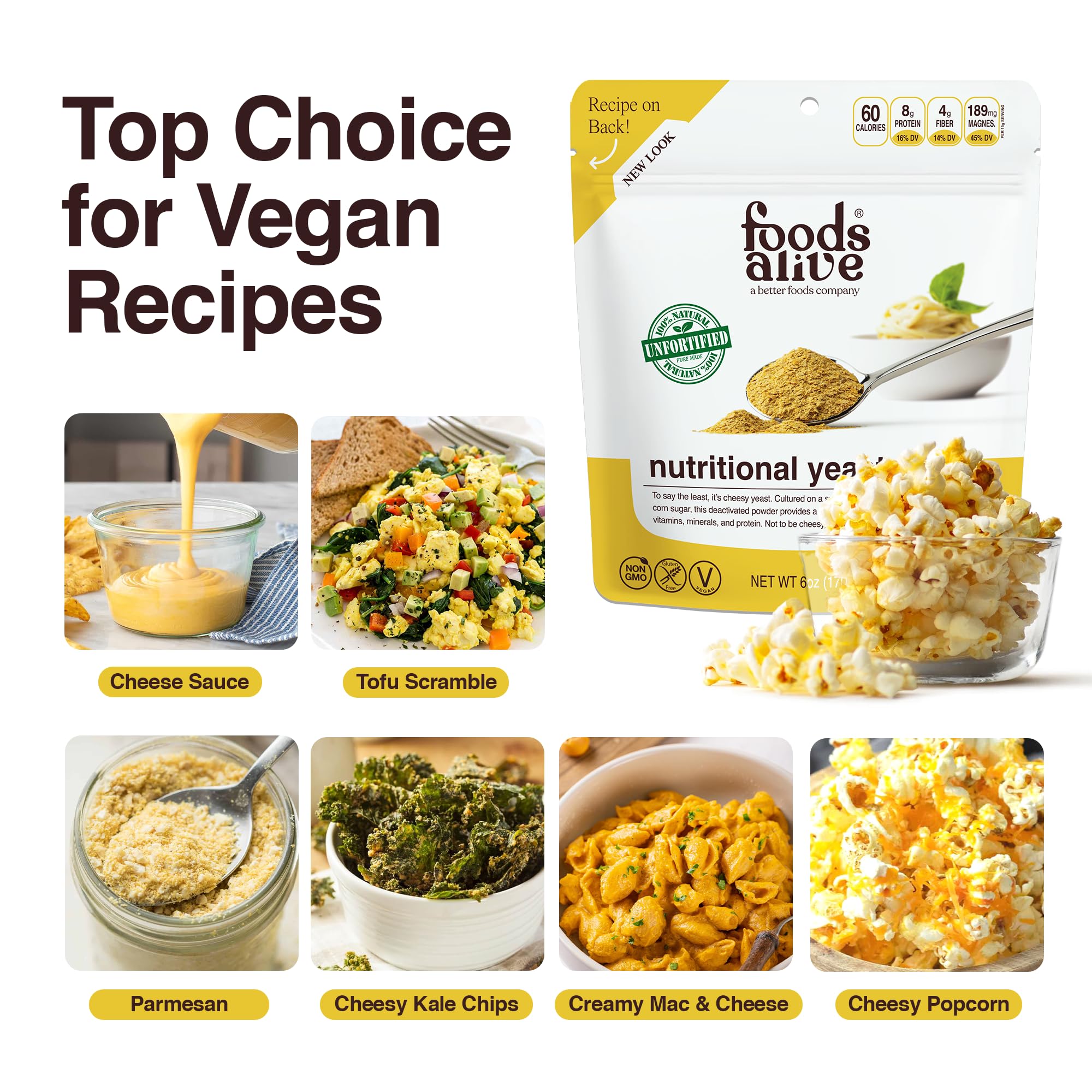 Foods Alive Nutritional Yeast Flakes sprinkled on pasta for nutty, cheesy flavor.