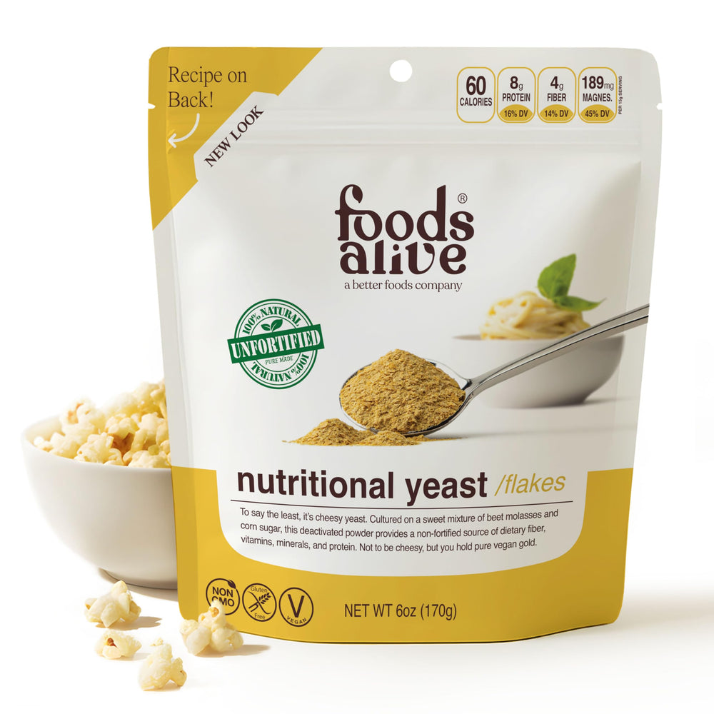 Foods Alive Nutritional Yeast Flakes packaging shown for easy, clean-label seasoning.