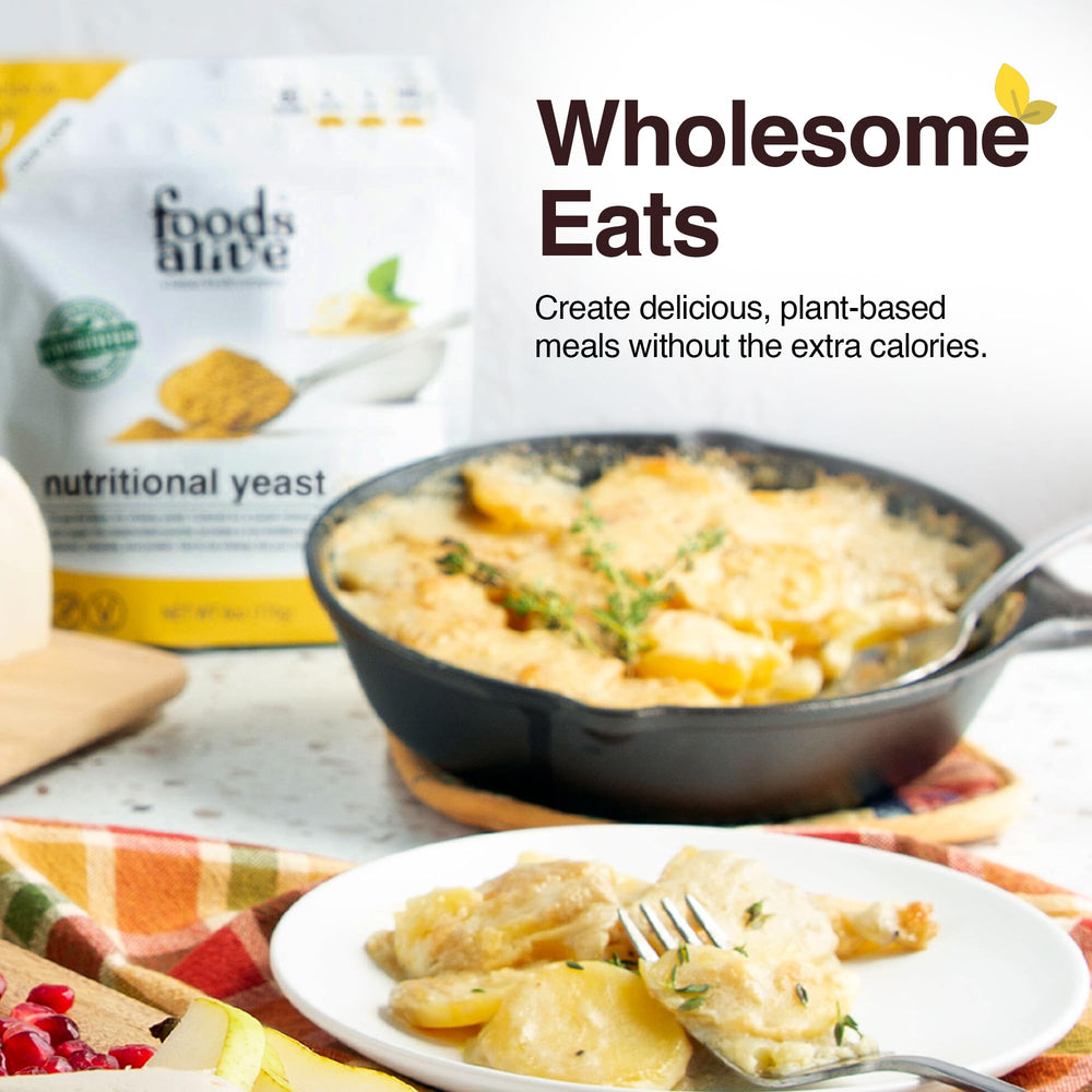 Foods Alive Nutritional Yeast Flakes used in vegan cheese sauce to enhance texture.
