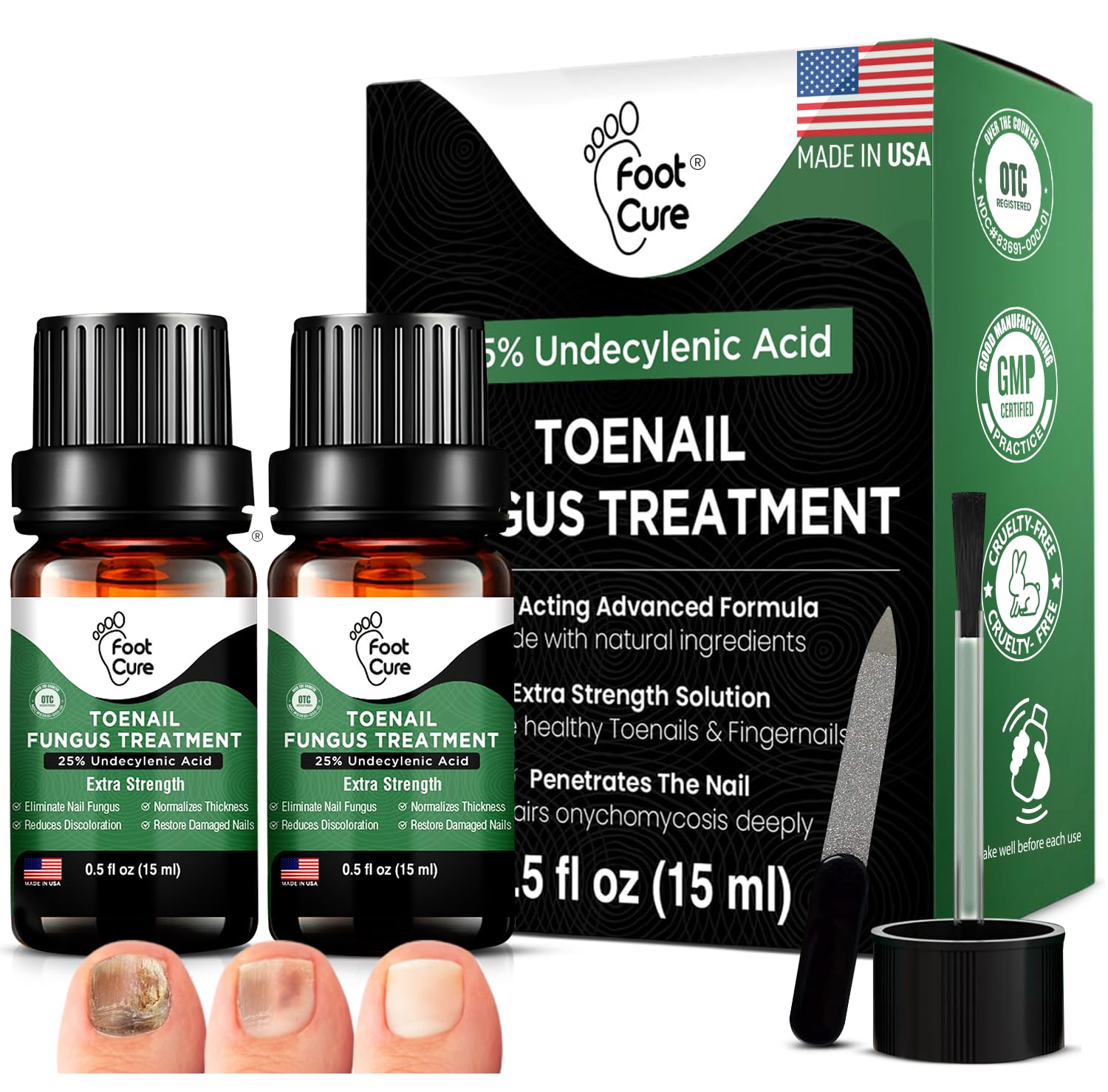 Foot Cure toenail renewal solution bottle with natural tea tree oil for healthy nails.