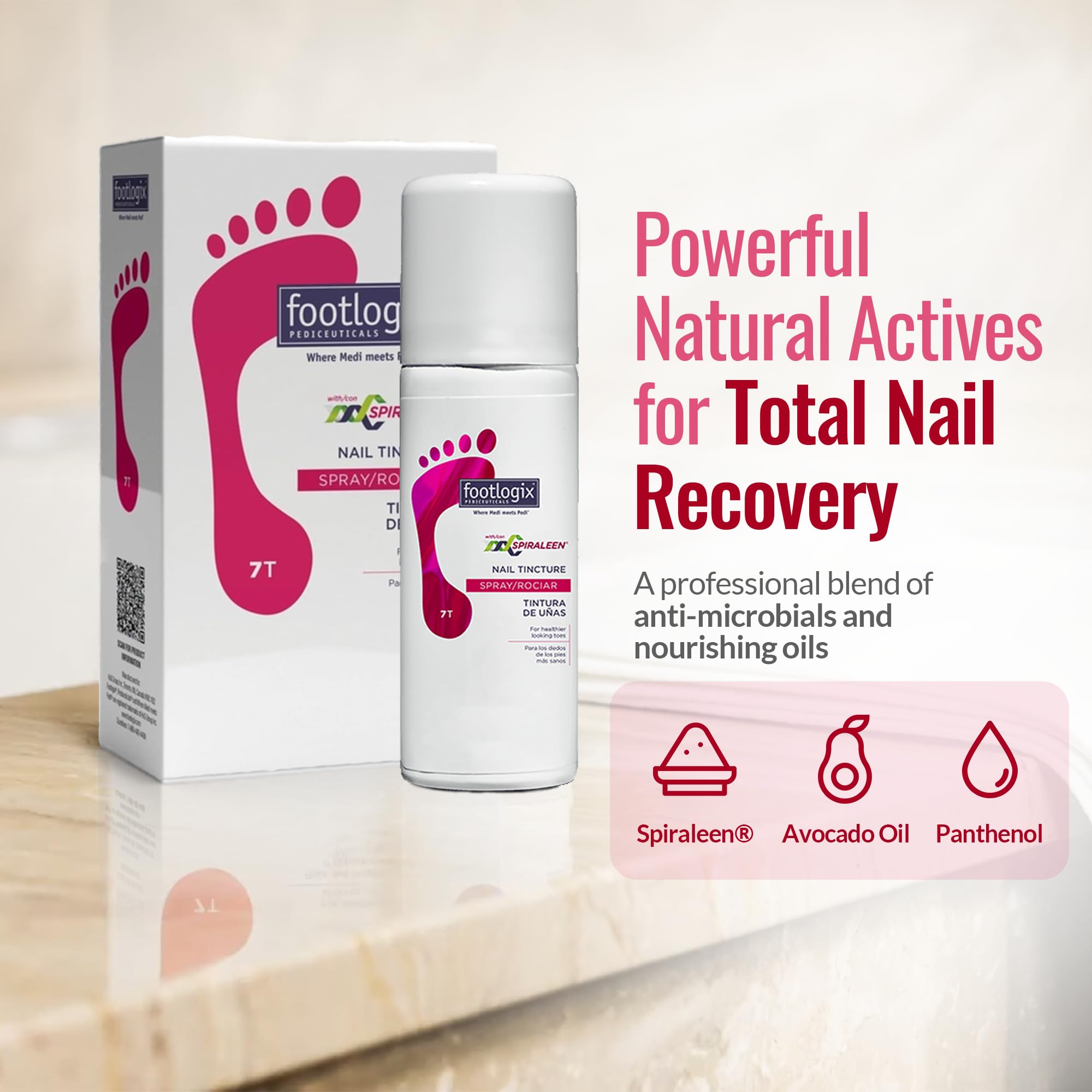 Footlogix nail tincture spray applying gentle mist on toes.