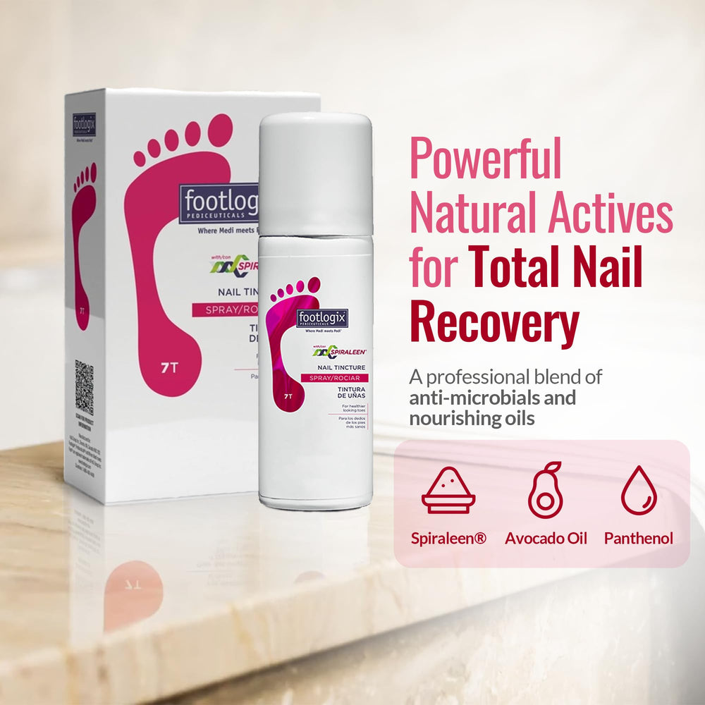 Footlogix nail tincture spray applying gentle mist on toes.