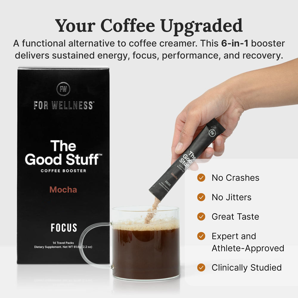 For Wellness The Good Stuff Mocha Coffee Booster scoop portion for precise energy boost