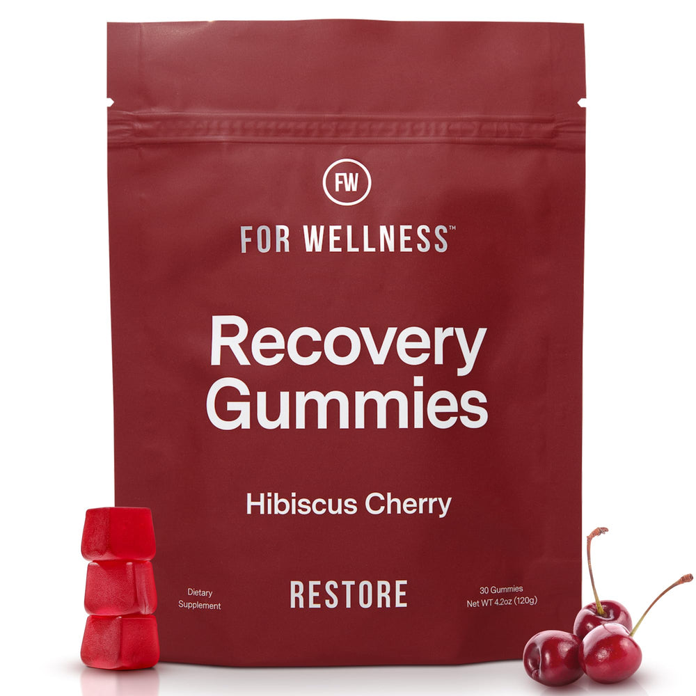 For Wellness Recovery Gummies Restore bottle with tart cherry flavor supports post-workout recovery.