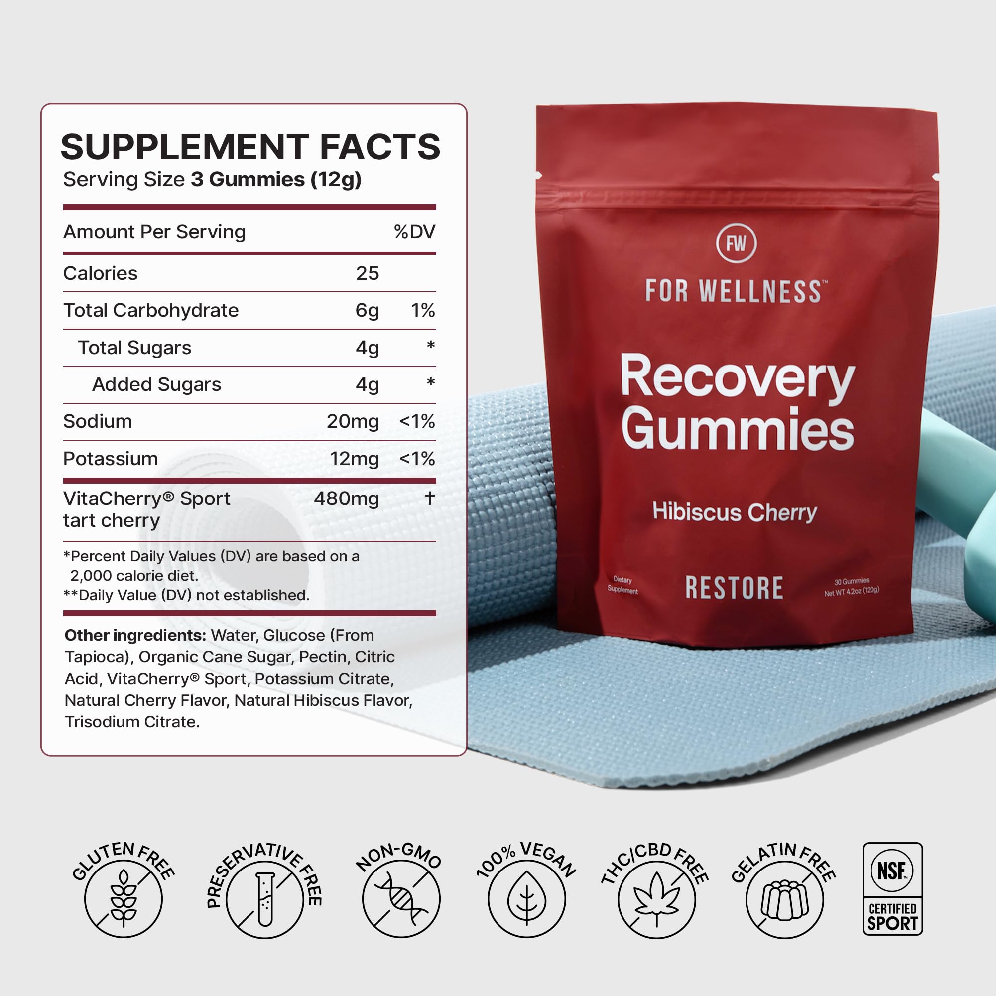 For Wellness Recovery Gummies Restore bright cherry flavor energizing workouts.