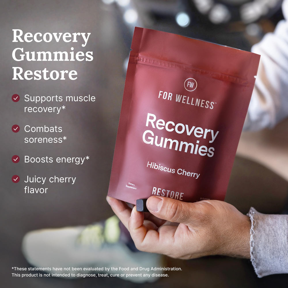 For Wellness Recovery Gummies Restore close-up of gummies showing juicy cherry flavor.