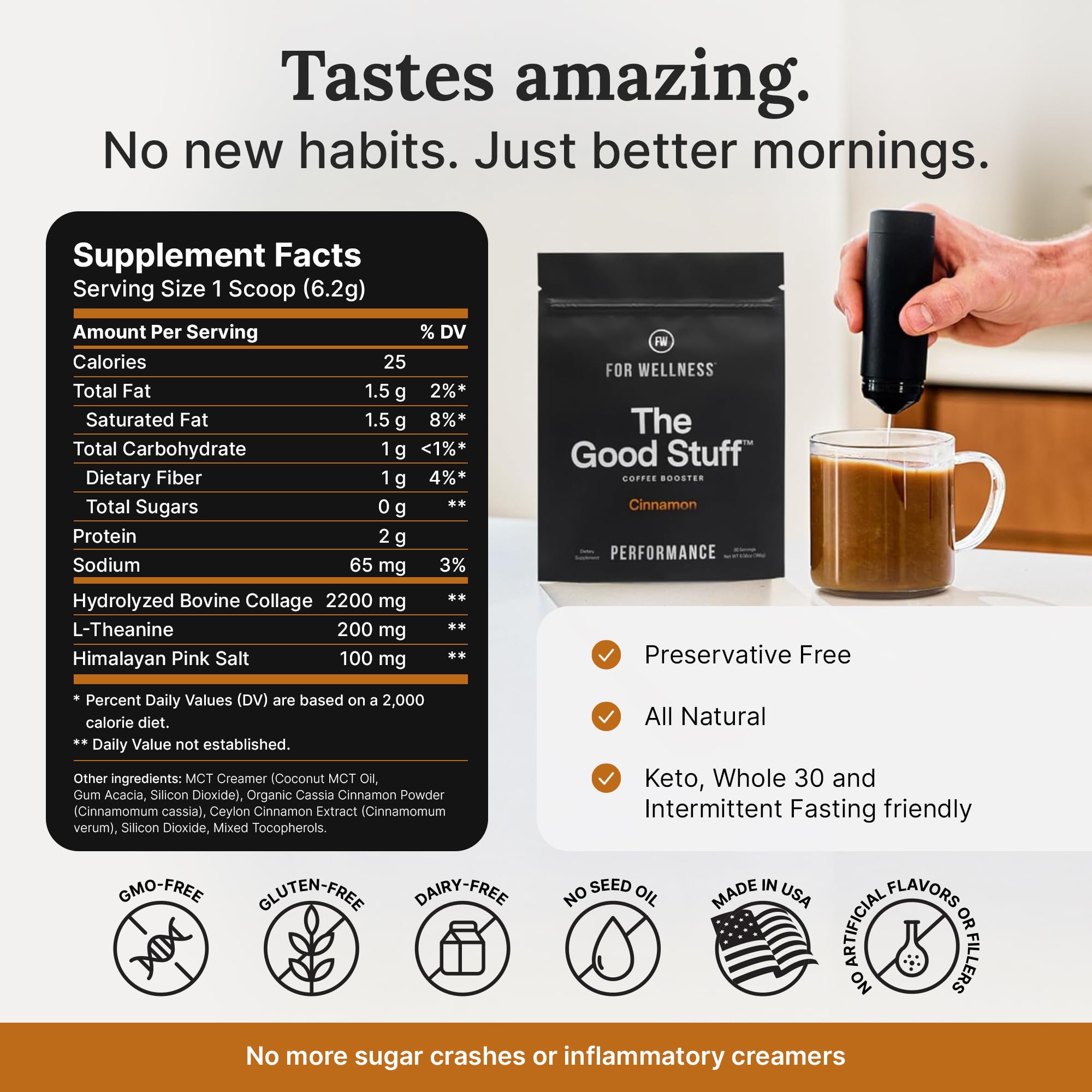 For Wellness The Good Stuff Cinnamon Coffee Booster mug scene highlighting cinnamon aroma and focus.