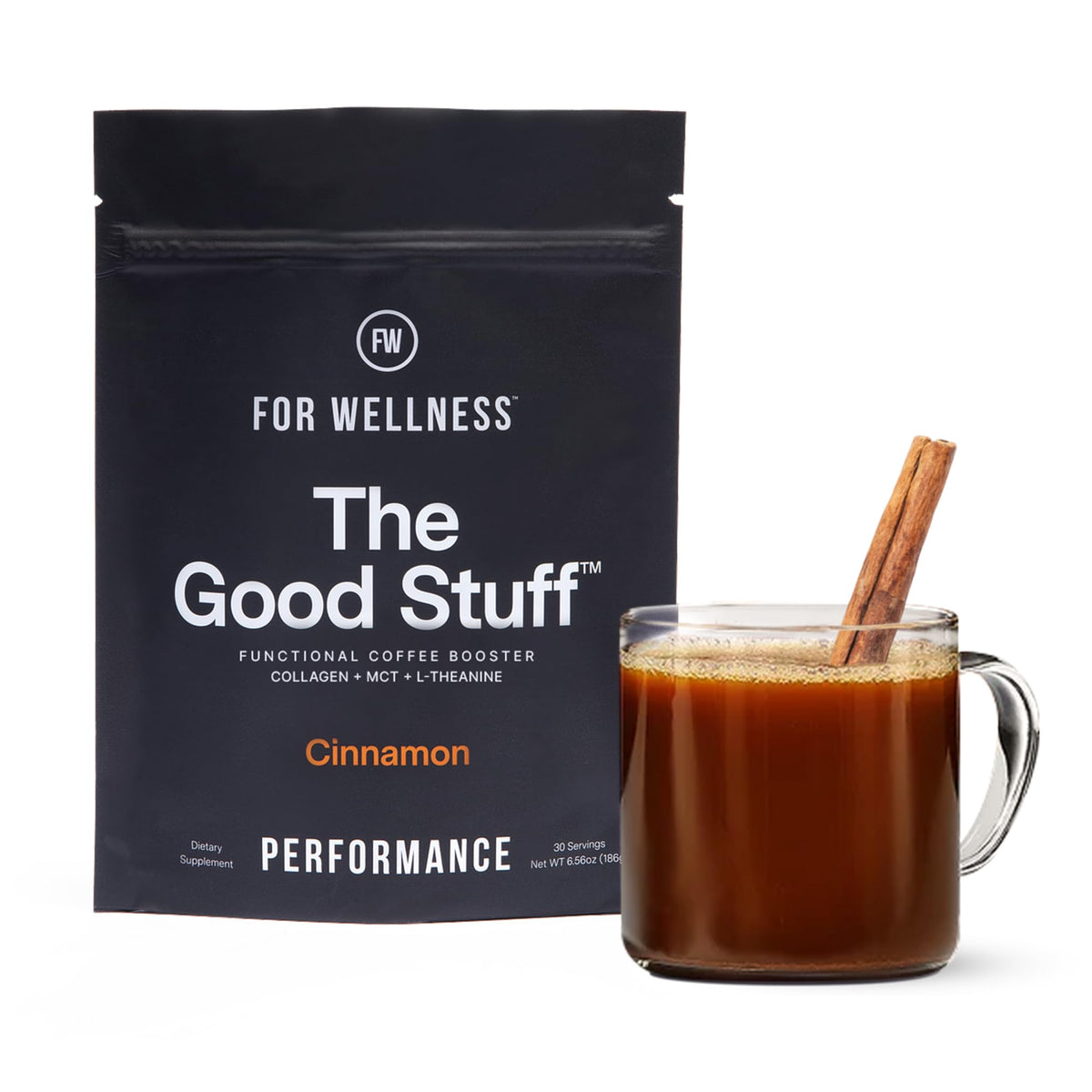 For Wellness The Good Stuff Cinnamon Coffee Booster pour into coffee for steady focus.