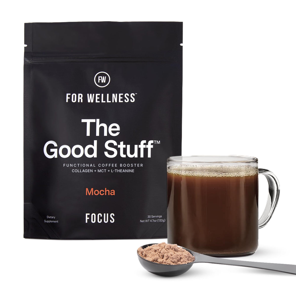 For Wellness The Good Stuff mocha booster packaging, keto-friendly energy on the go