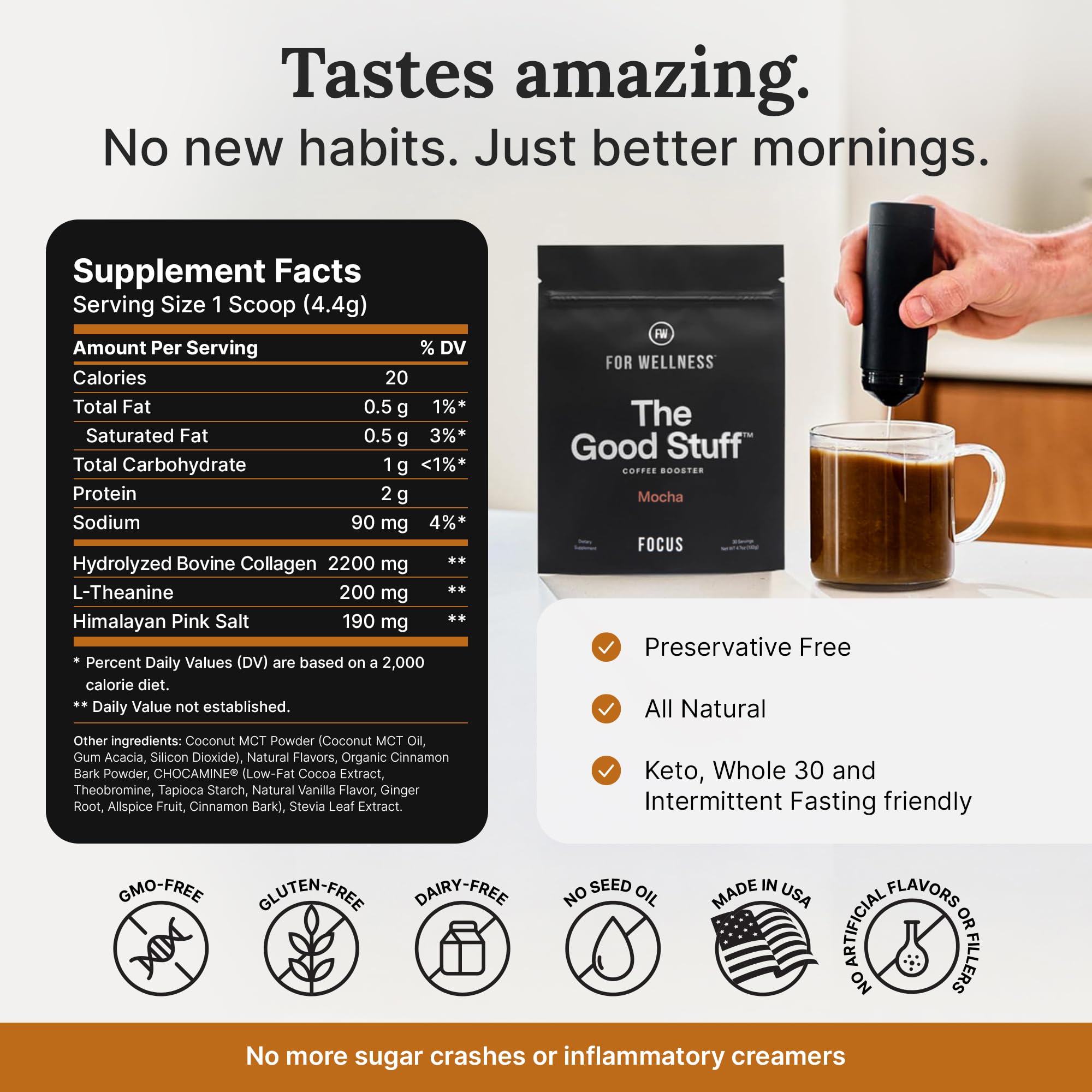 Pouring The Good Stuff mocha booster into coffee for steady focus
