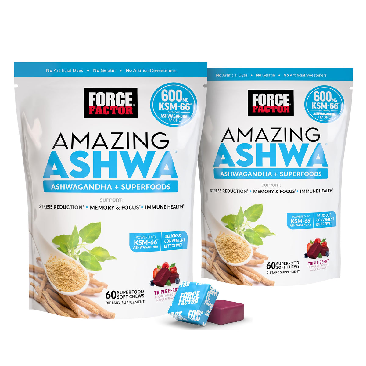 Force Factor Amazing Ashwa soft chews bottle for convenient daily stress support.