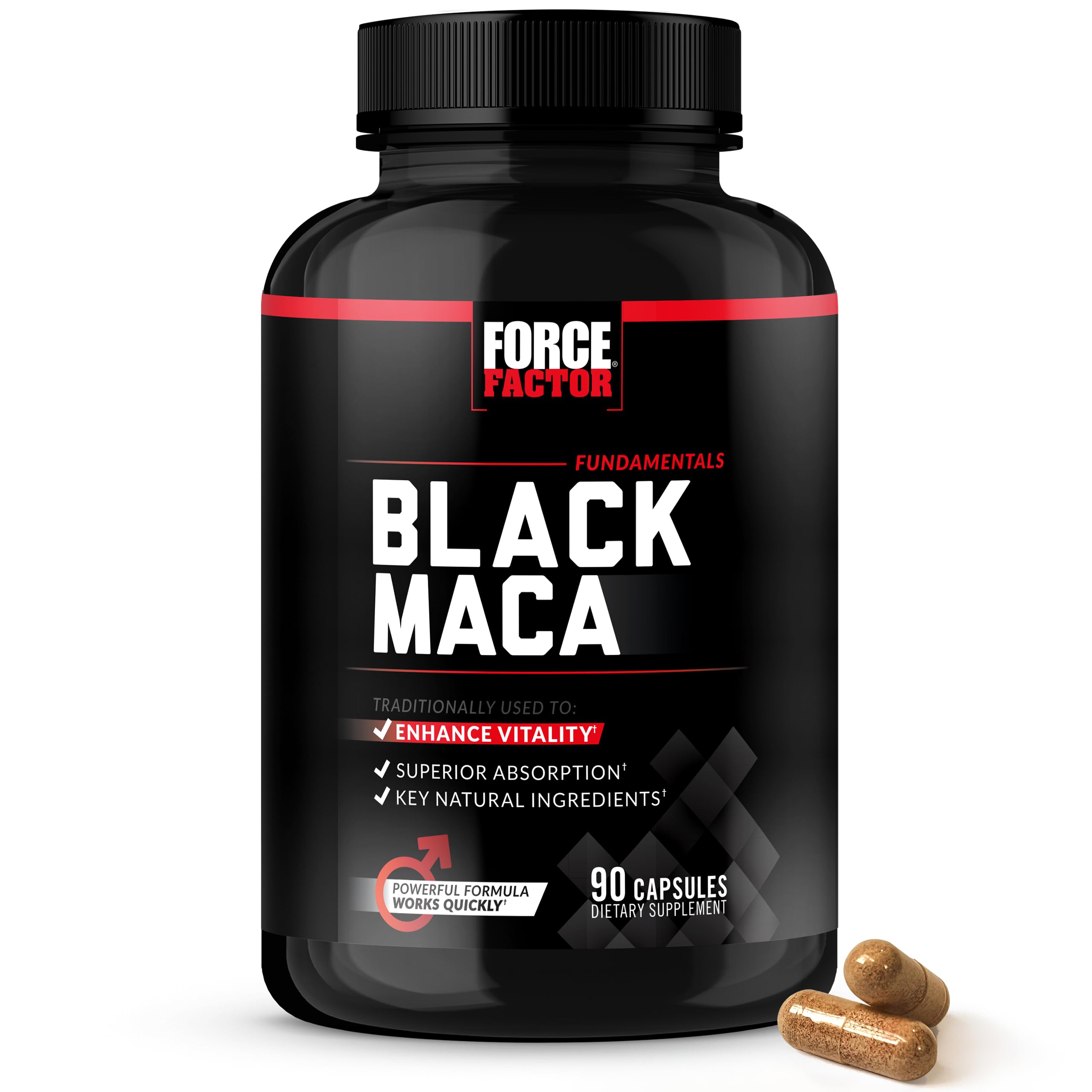 Force Factor Black Maca root bottle promoting daily energy and stamina.