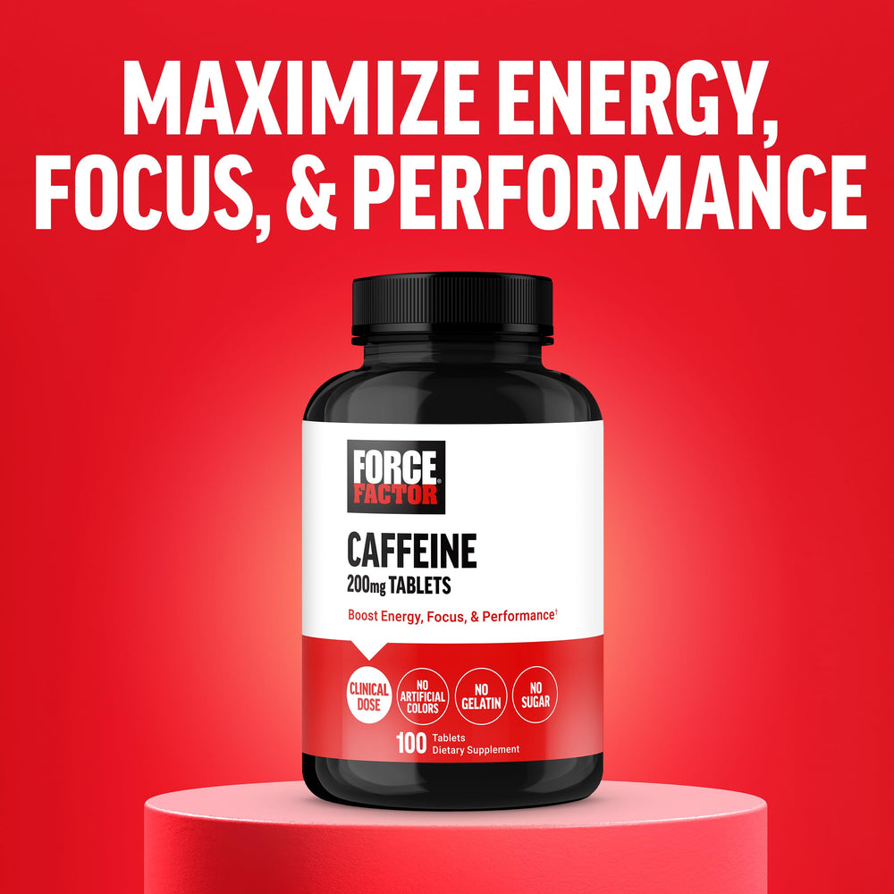 Force Factor caffeine pills with active lifestyle imagery for daily energy support.
