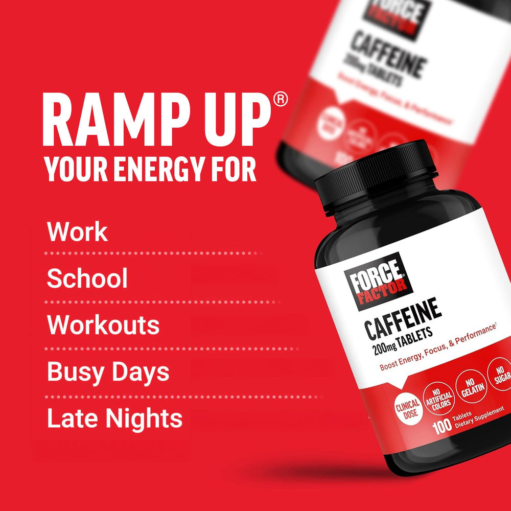 Force Factor Caffeine Pills packaging close-up highlighting USA-made GMP facilities.