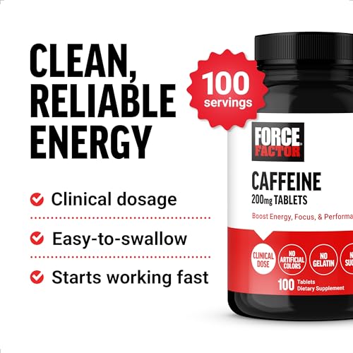 Force Factor Caffeine Pills label emphasizes premium energy support with no artificial colors.