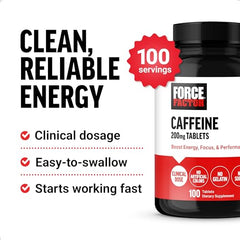 Force Factor Caffeine Pills label emphasizes premium energy support with no artificial colors.