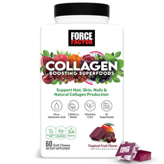Force Factor Collagen Boosting Soft Chews tropical fruit bottle for daily beauty support.