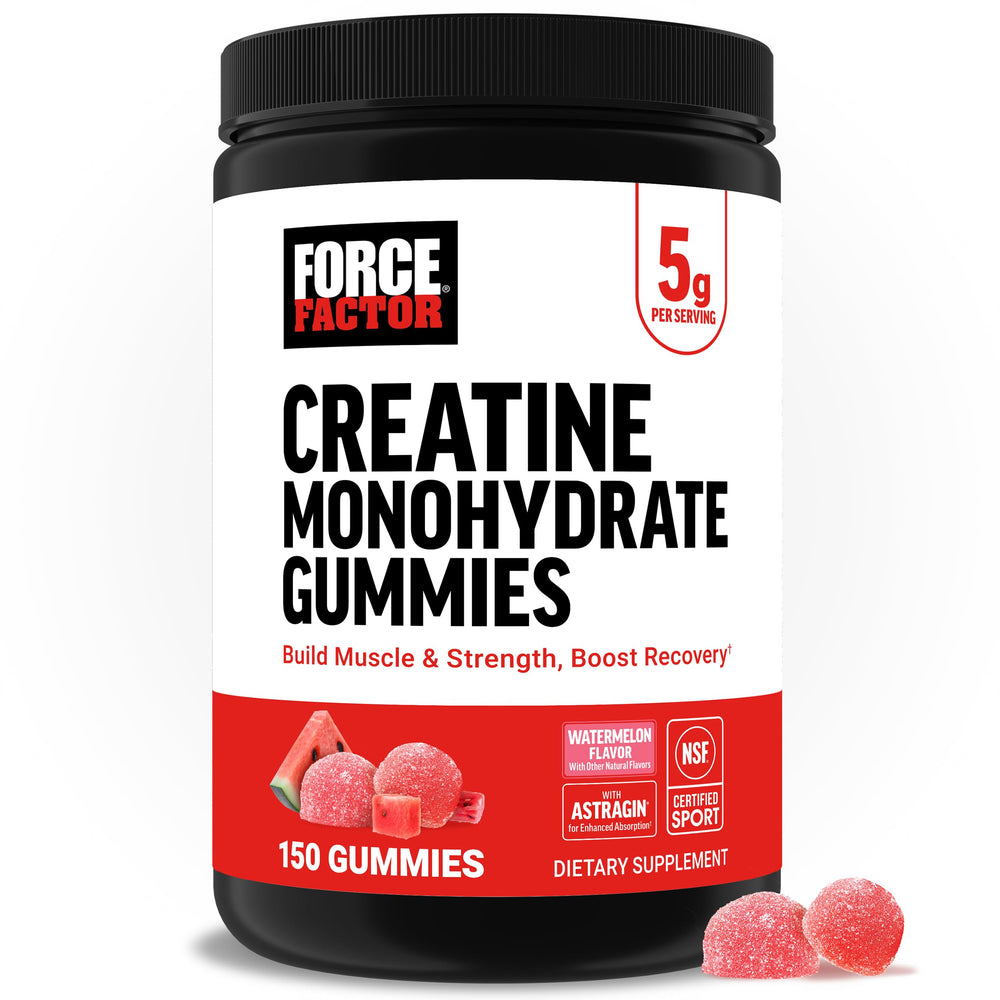 Force Factor Creatine Gummies bottle front, convenient on-the-go performance boost.