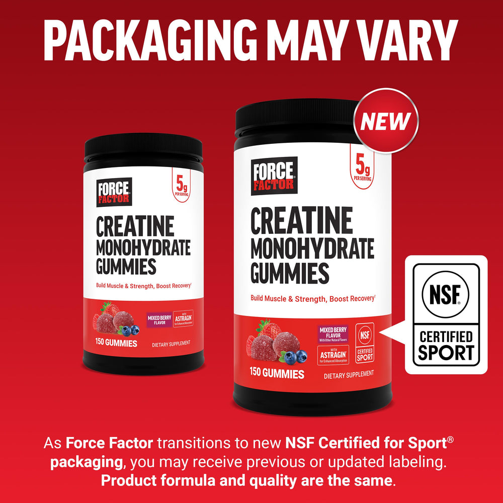 Force Factor Creatine Gummies packaging variety badge indicates updated labeling
