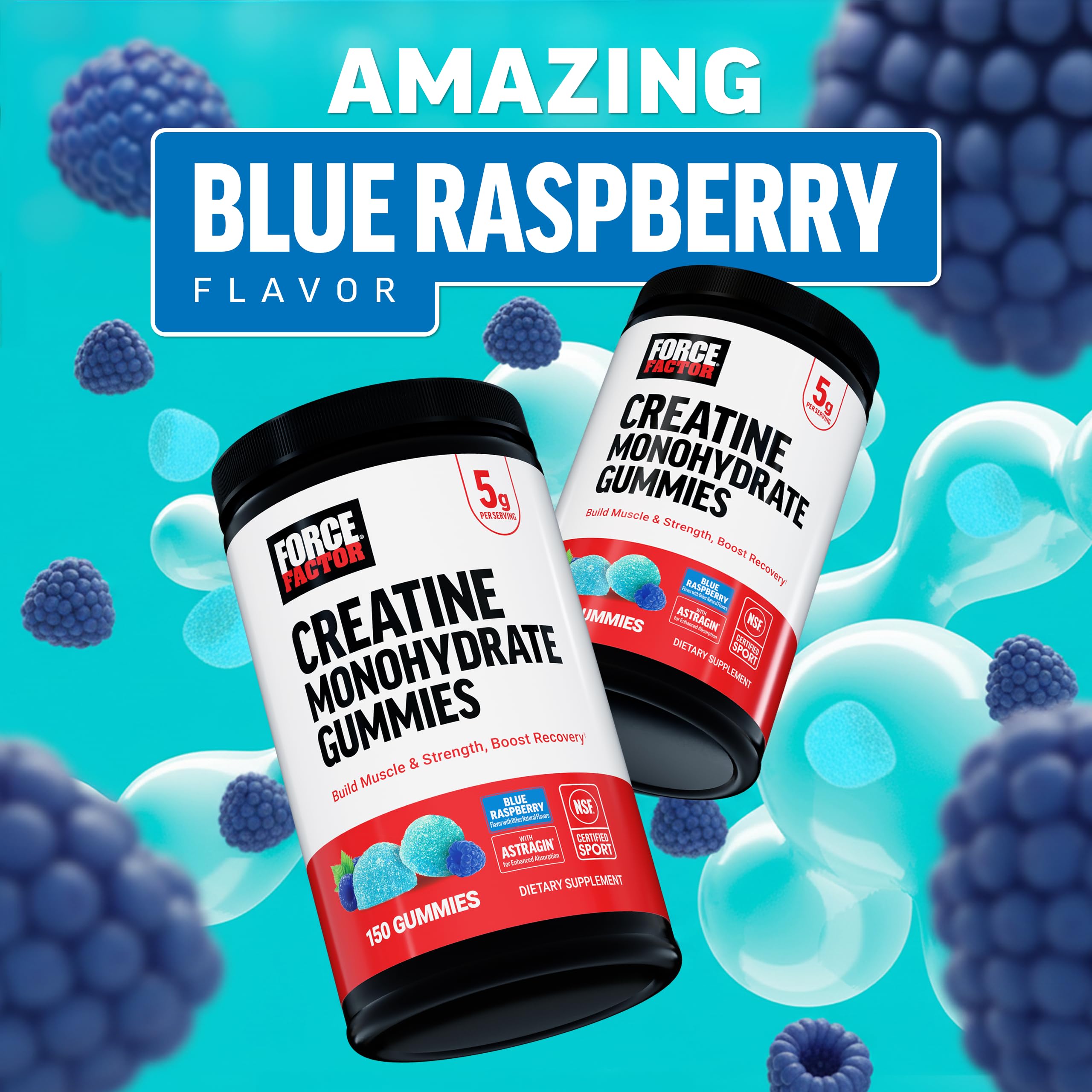 Force Factor Creatine Gummies serving pose, illustrating a convenient 5 g dose.