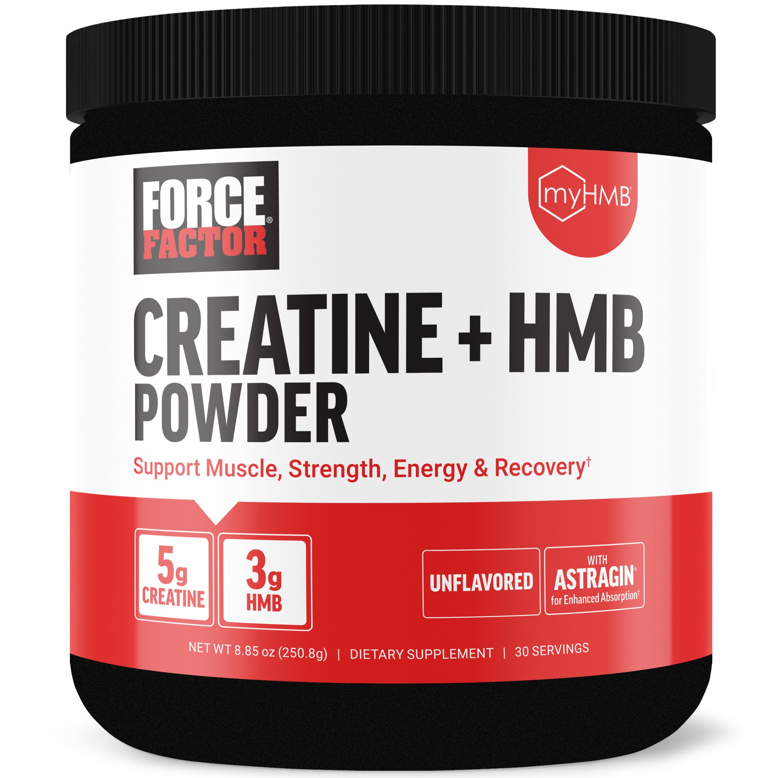 Force Factor Creatine HMB powder bottle shows lean muscle support and recovery potential.