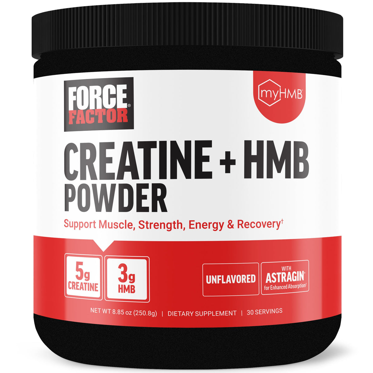 Force Factor Creatine HMB powder bottle shows lean muscle support and recovery potential.