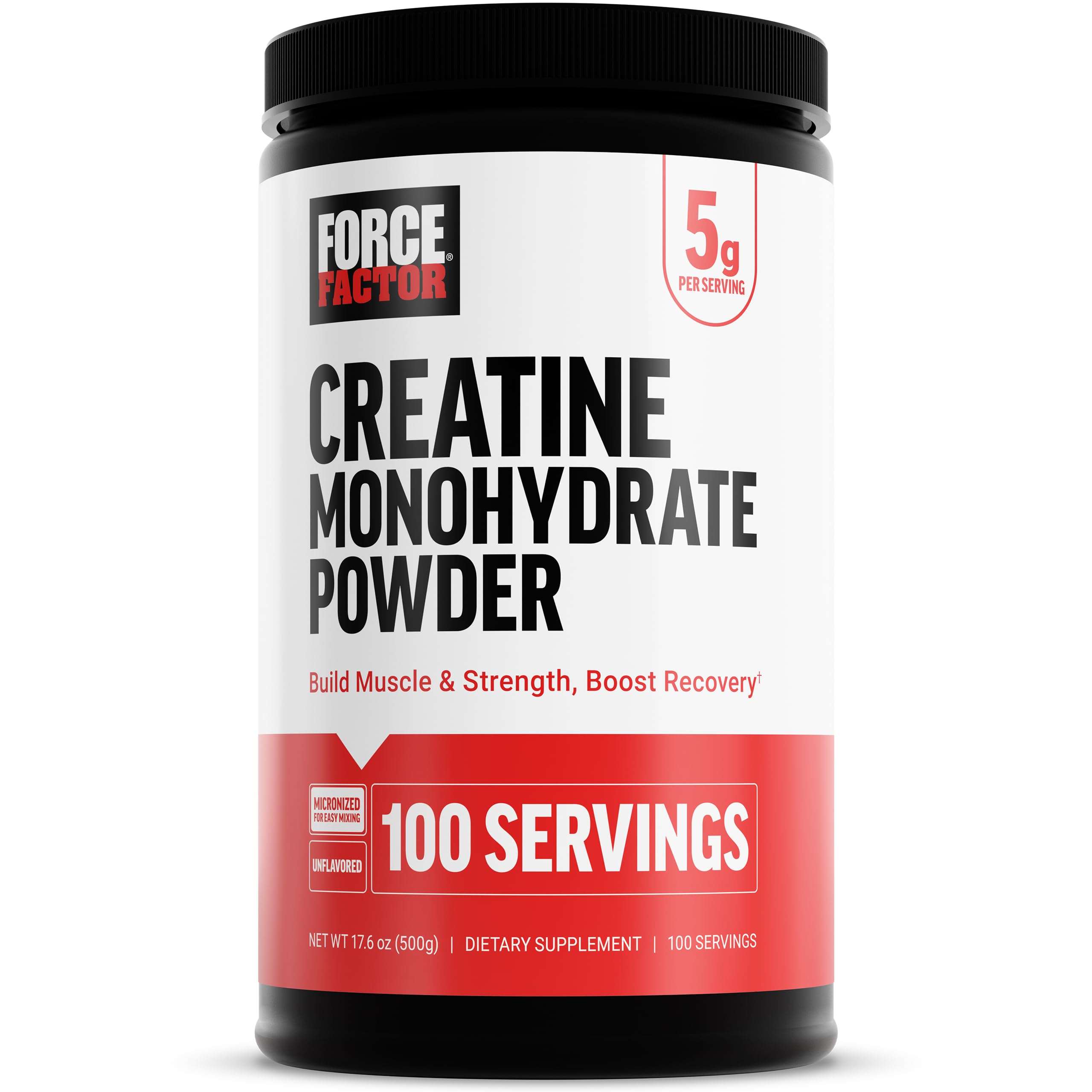 Force Factor Creatine Monohydrate powder bottle front highlights premium unflavored performance for workouts.