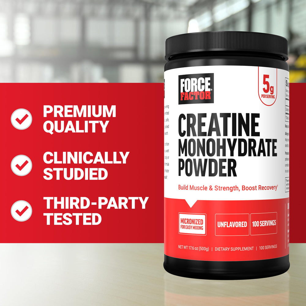 Force Factor Creatine Monohydrate powder kitchen scene supports practical pre-workout use.