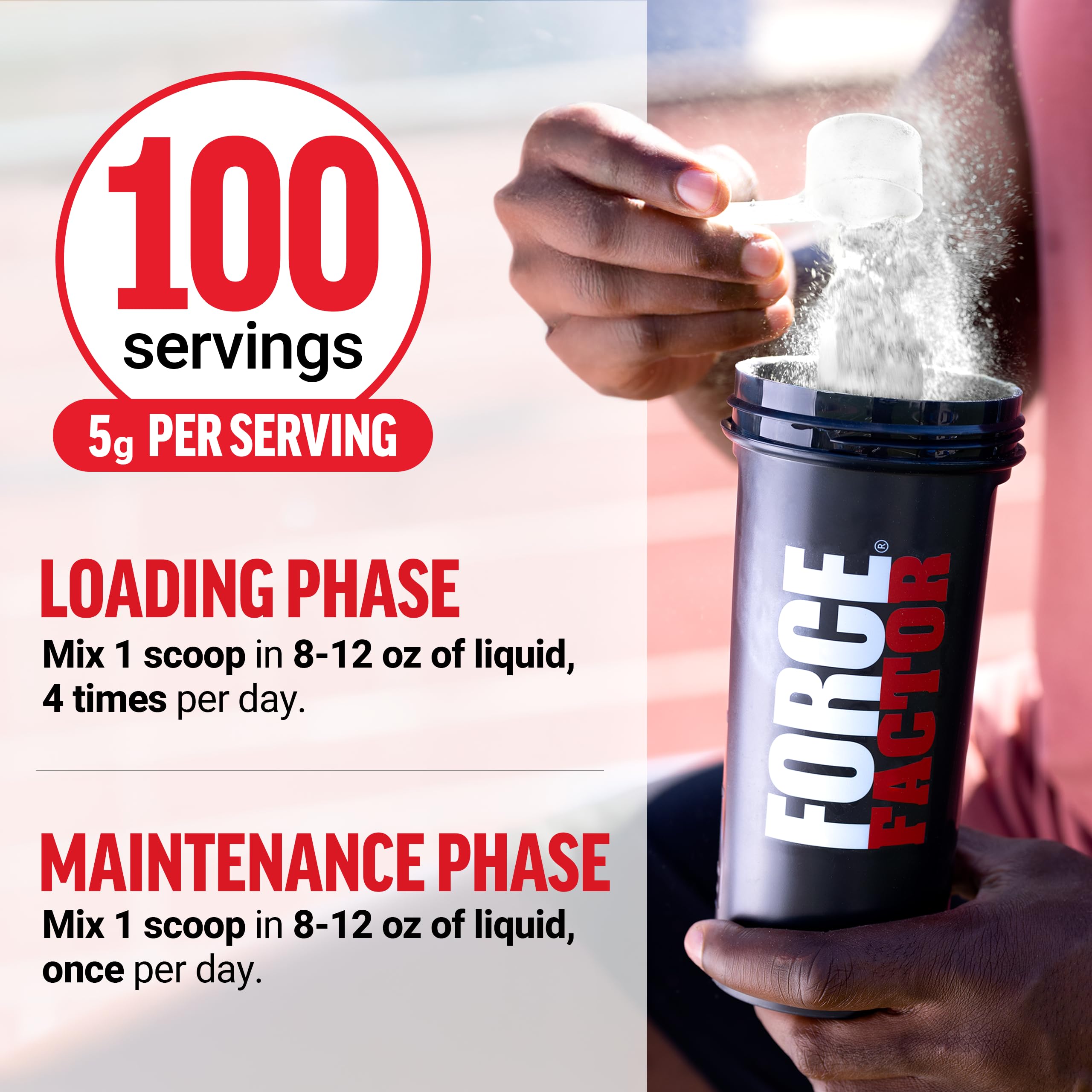 Force Factor Creatine Monohydrate powder mixing in shaker demonstrates easy dissolution.