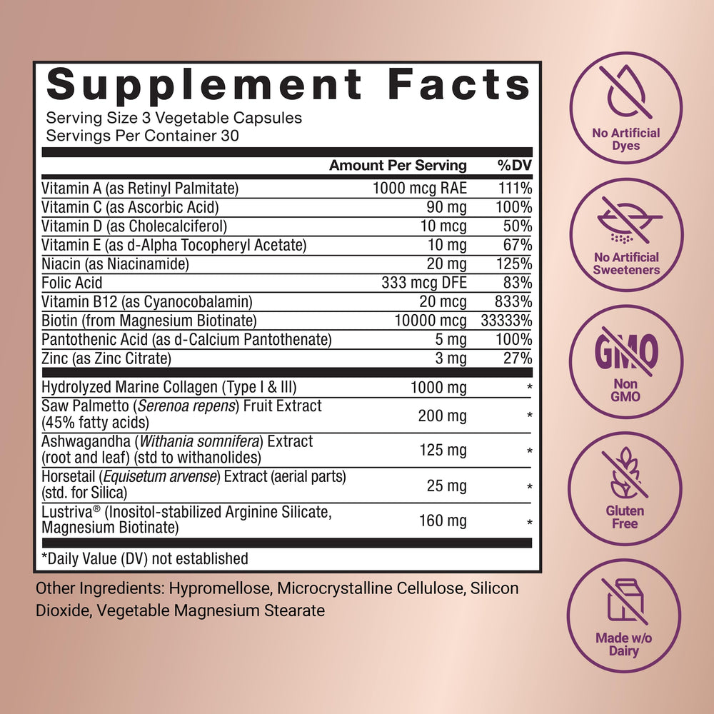 Saw palmetto and silica notes on packaging for hair health.