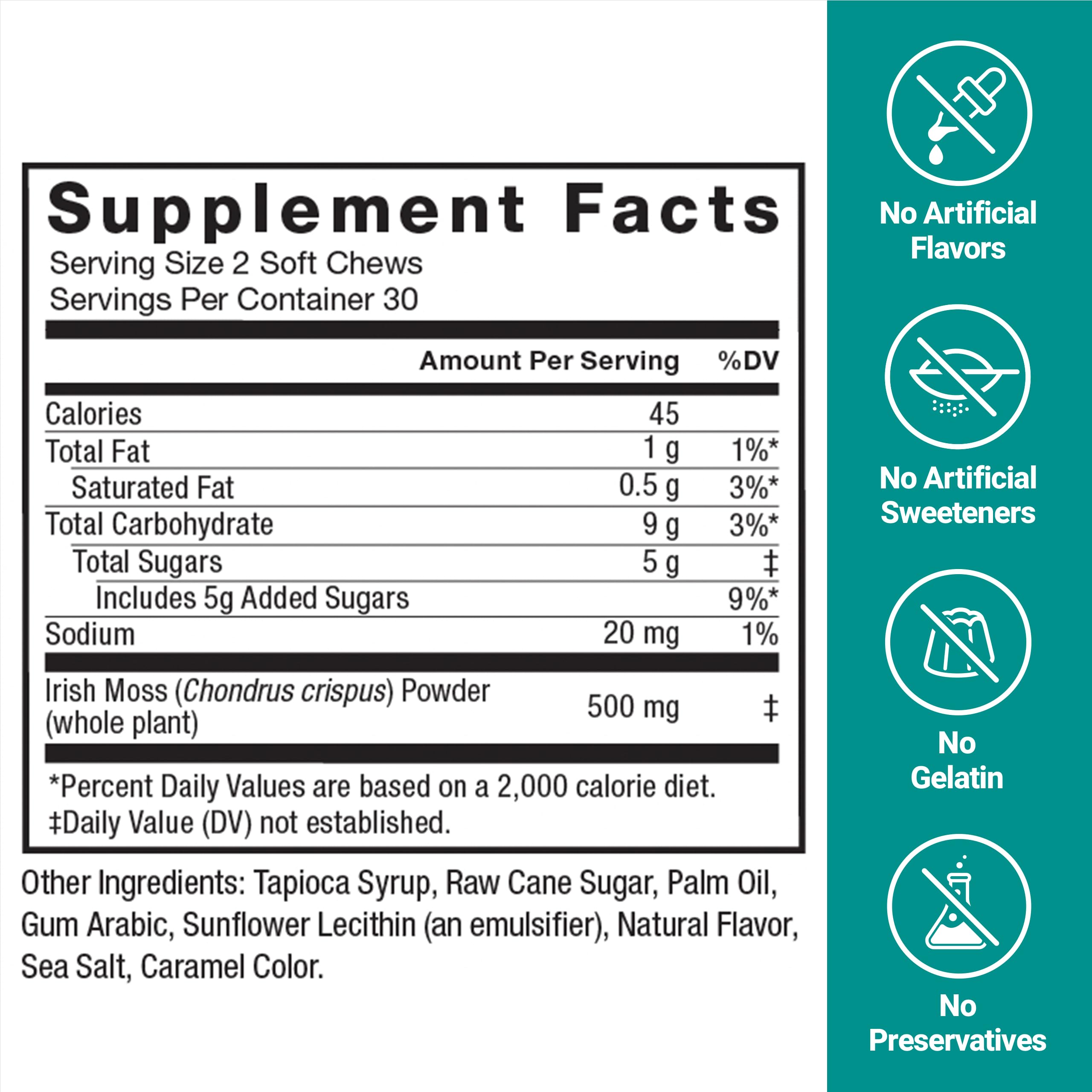Irish sea moss provides 500 mg per chew for daily nutrition.