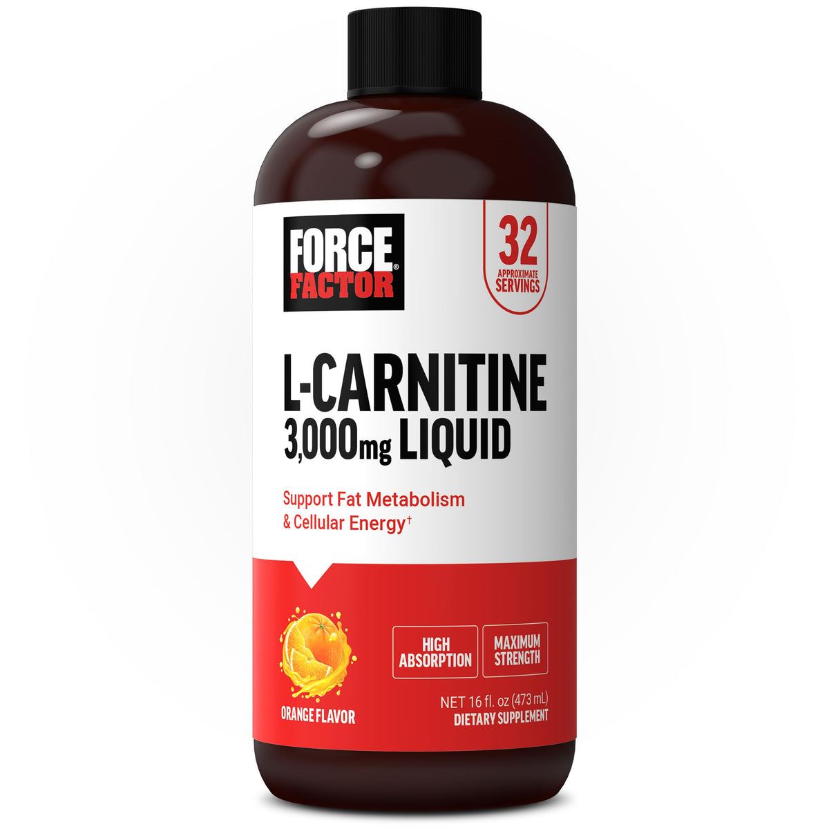 Force Factor L-Carnitine Liquid bottle shows 3000mg dose for energy support.