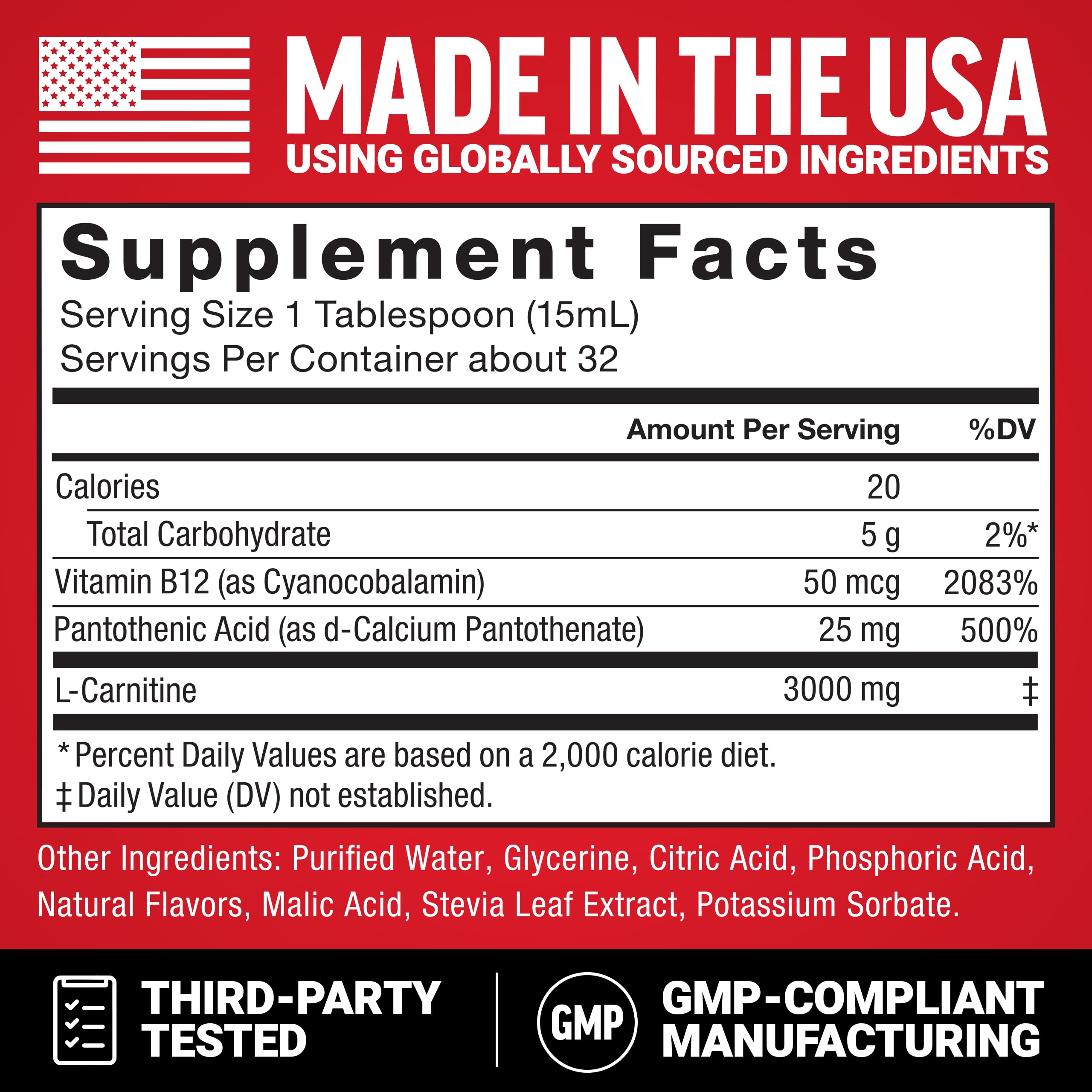 Bottle of Force Factor L-Carnitine Liquid with USA-made and GMP notes