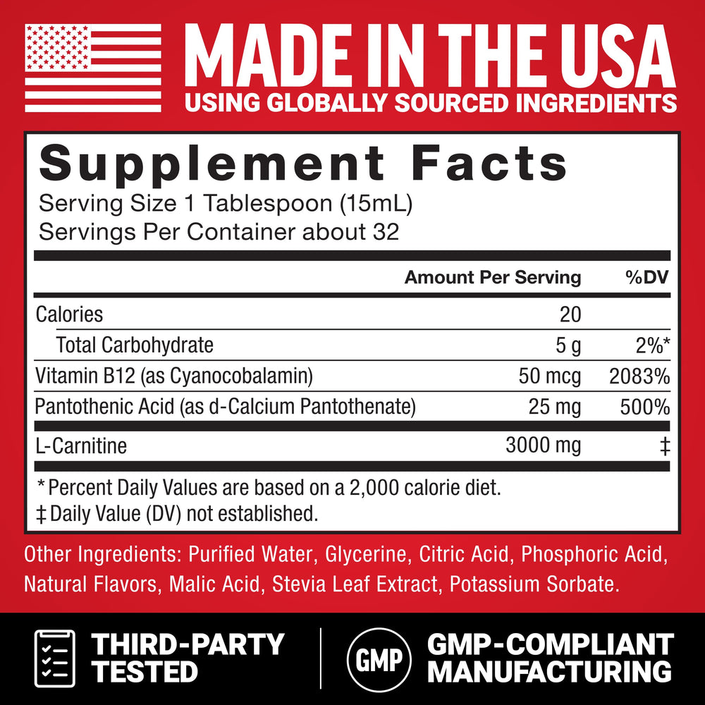 Bottle of Force Factor L-Carnitine Liquid with USA-made and GMP notes