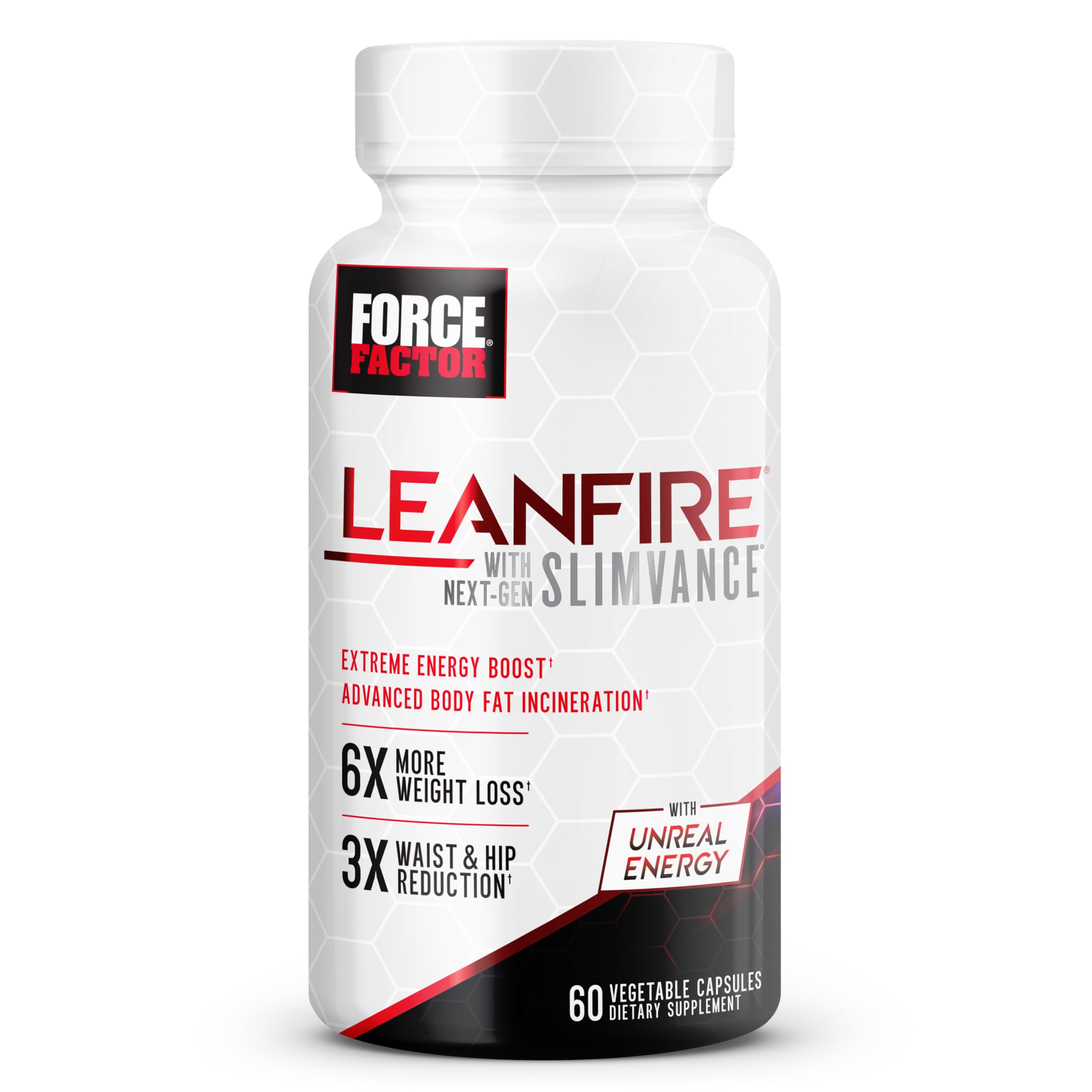 Force Factor LeanFire bottle front view showing energy-focused formula for focus
