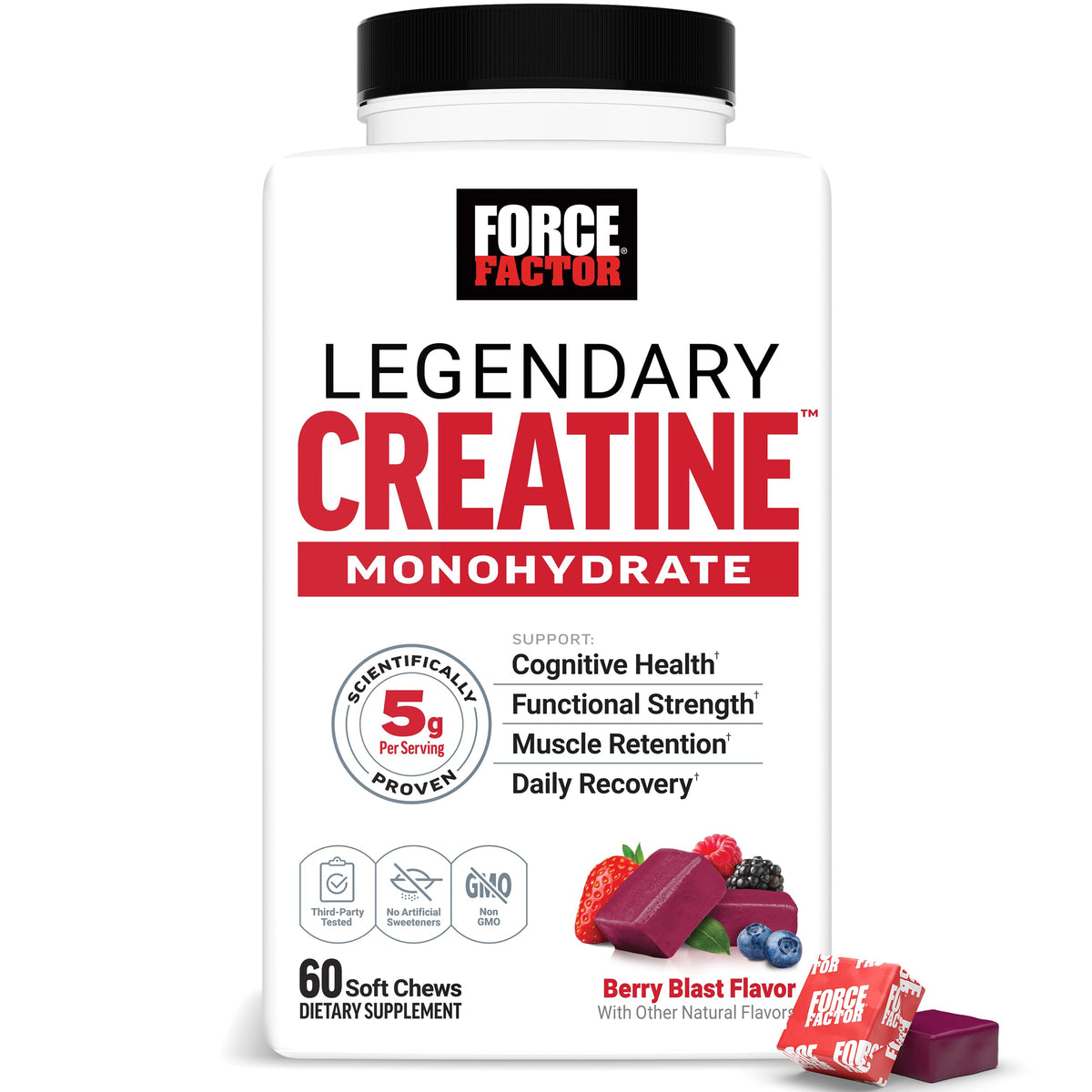 Force Factor Legendary Creatine Chews Berry Blast bottle showing the chews for muscle support and recovery