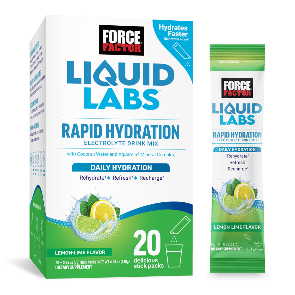 Force Factor Liquid Labs Lemon Lime stick pack front view for on-the-go hydration.