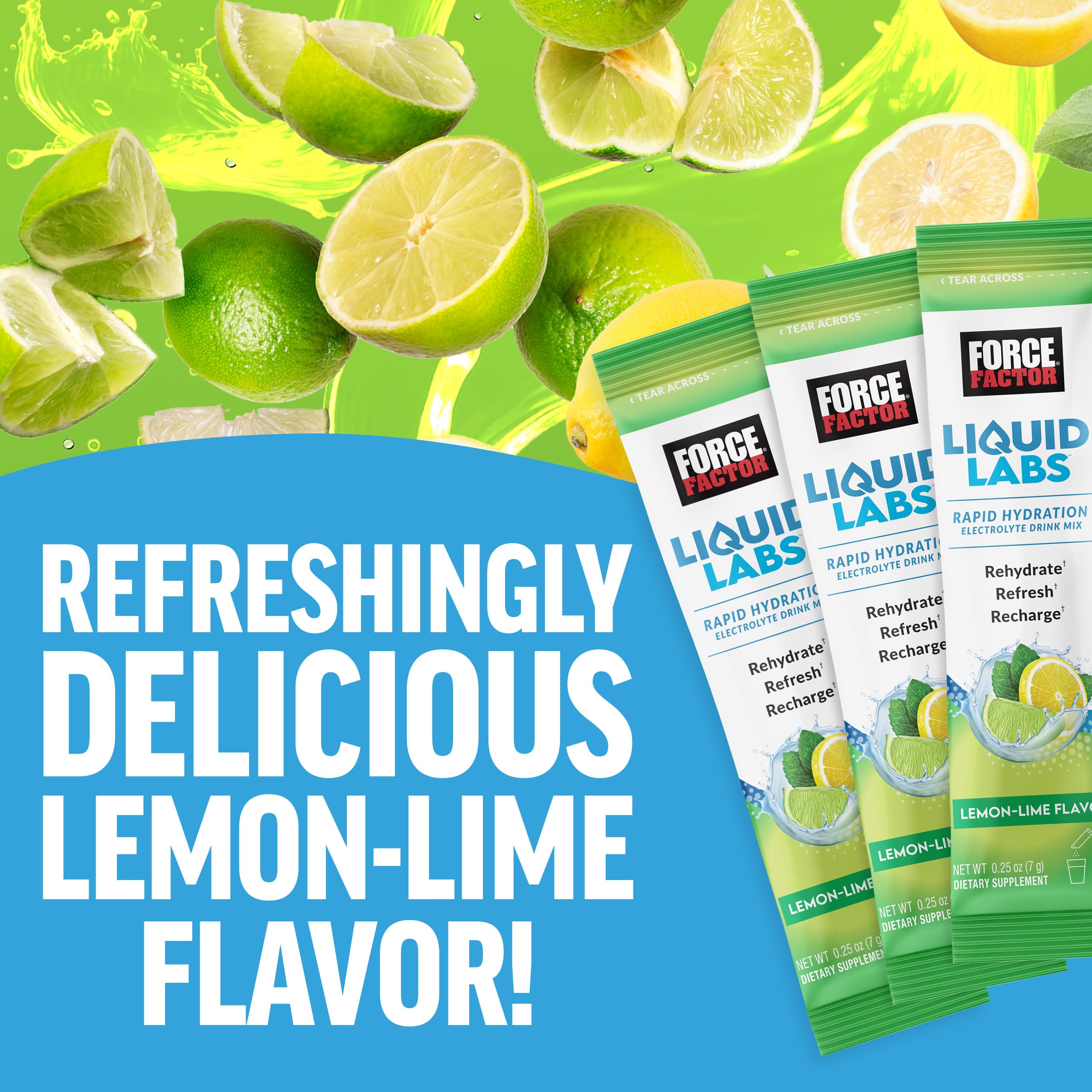 Force Factor Liquid Labs Lemon Lime stick-pack open with powder ready to mix.