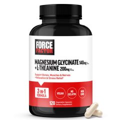 Force Factor Magnesium + L-Theanine bottle shown for daily relaxation support.