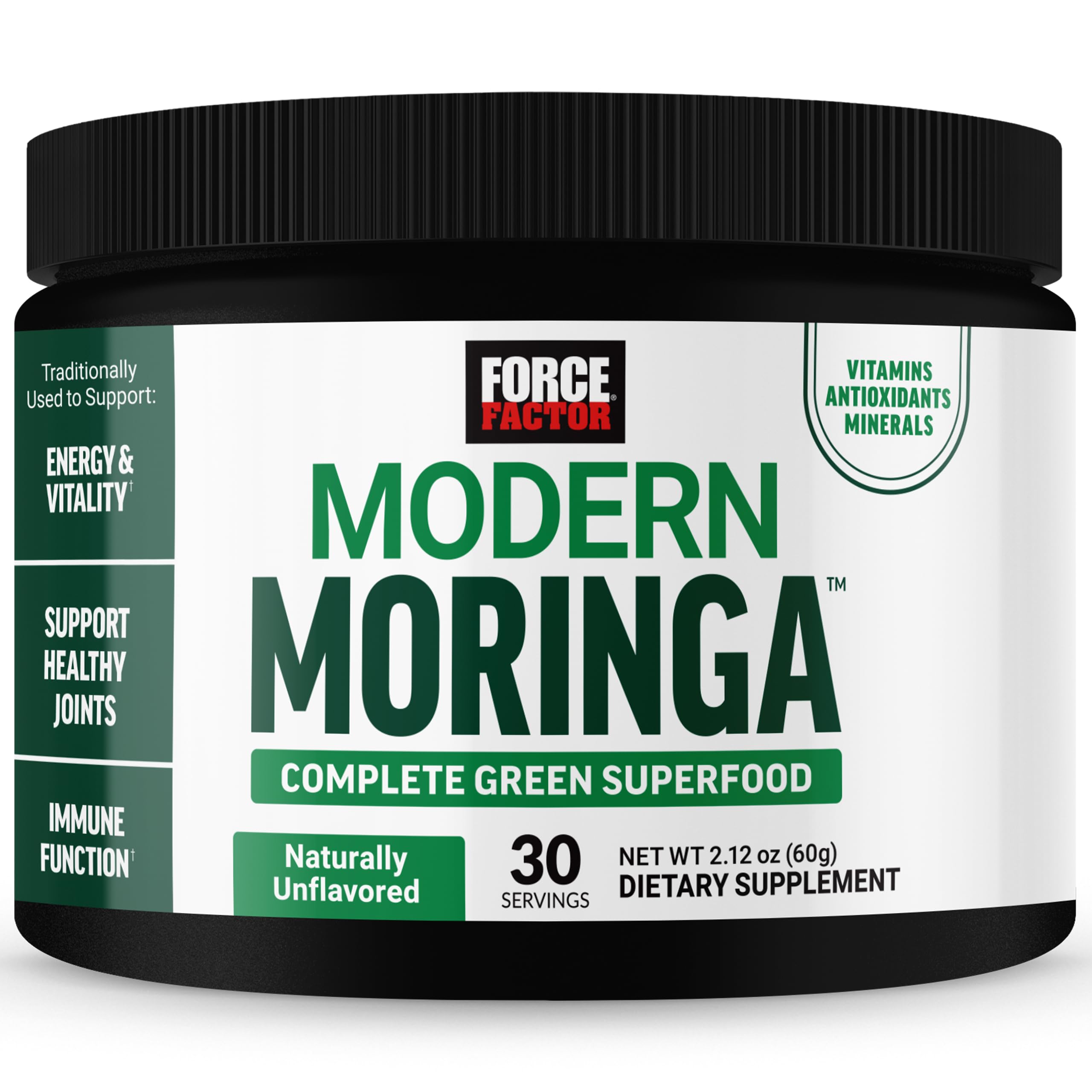 Force Factor Modern Moringa Powder bottle label highlighting pure moringa nutrient blend