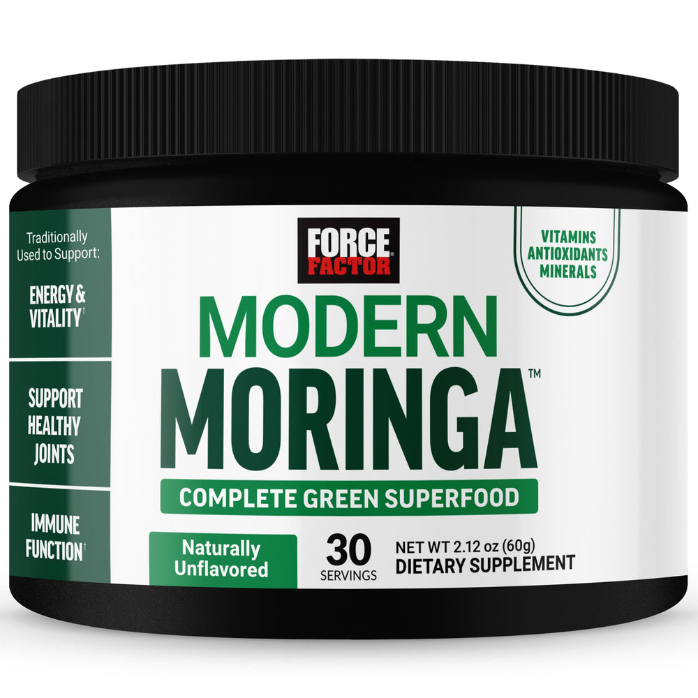 Force Factor Modern Moringa Powder bottle label highlighting pure moringa nutrient blend