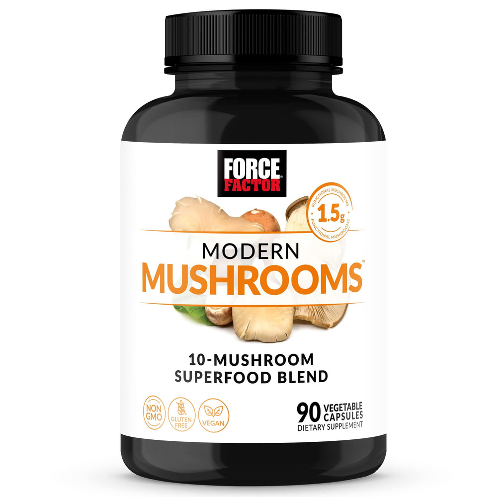 Force Factor Modern Mushrooms bottle front supports daily vitality and focus.