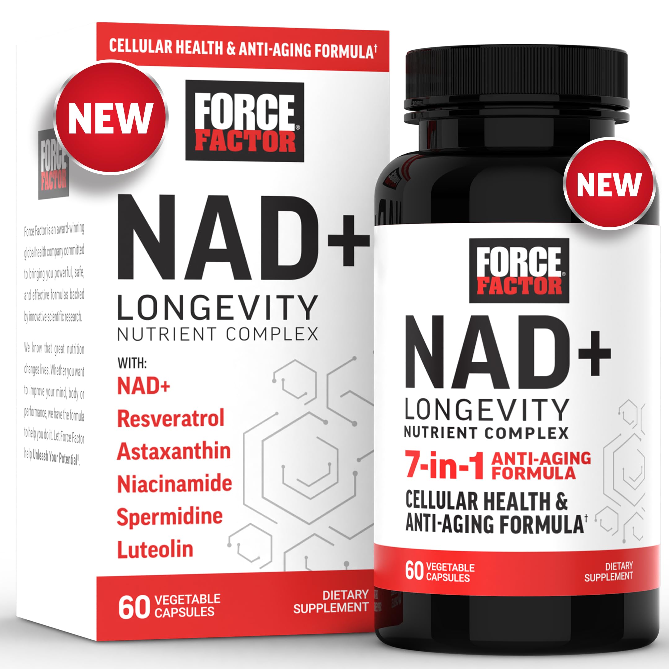 Force Factor NAD+ bottle front shows convenient longevity formula for daily energy.