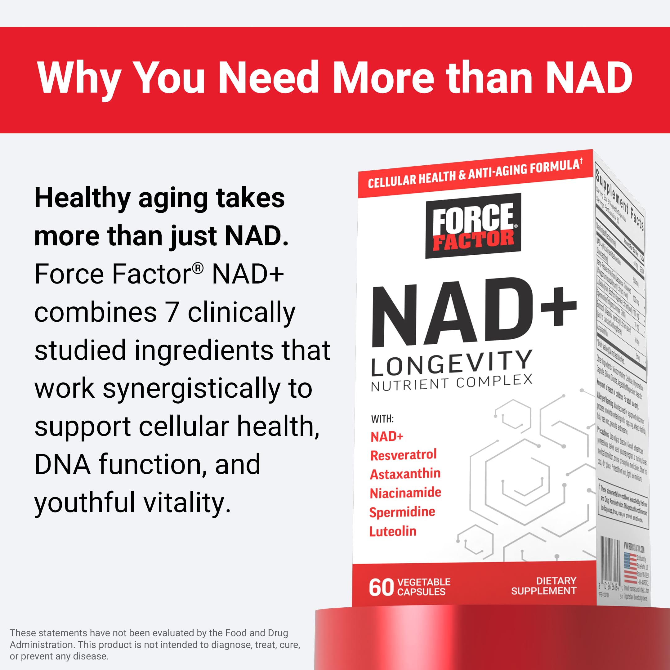 Force Factor NAD+ capsules closeup highlights plant-based capsules for quick absorption.