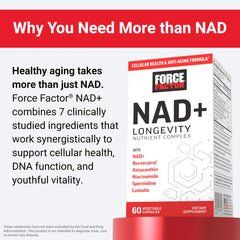 Force Factor NAD+ capsules closeup highlights plant-based capsules for quick absorption.
