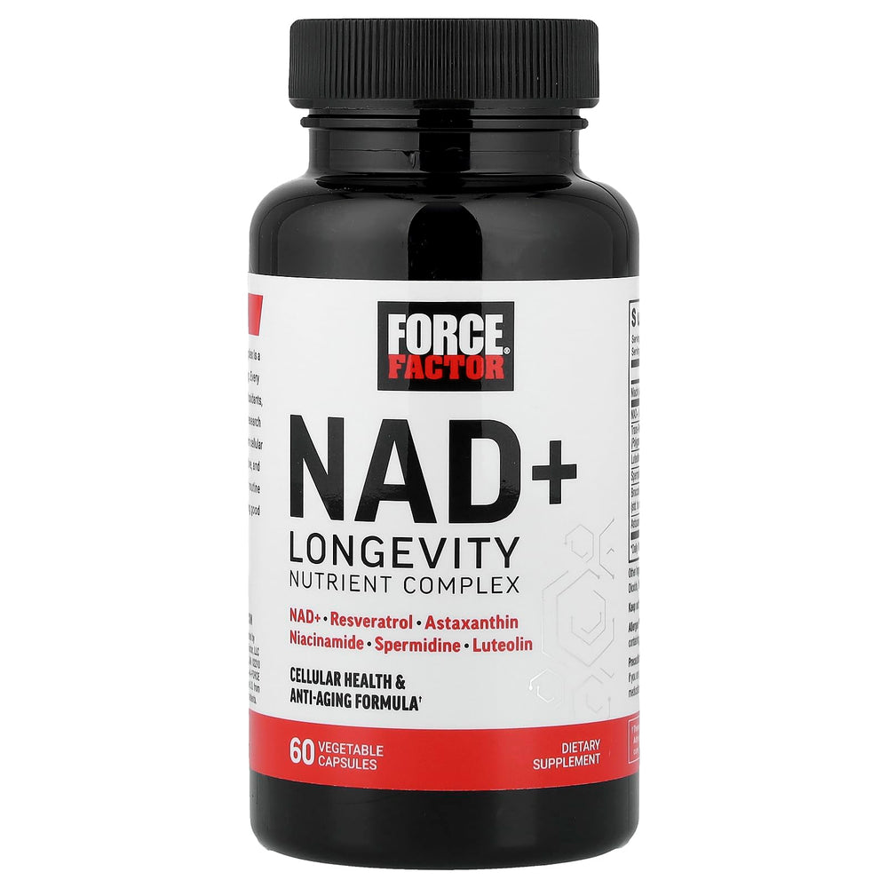 Force Factor NAD+ capsules in hand illustrate portable daily support.
