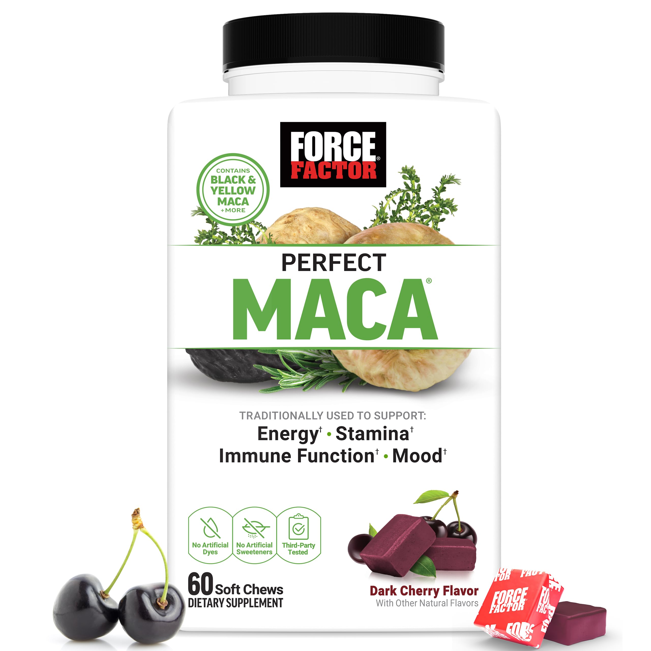 Force Factor Perfect Maca soft chews bottle for daily energy routine.