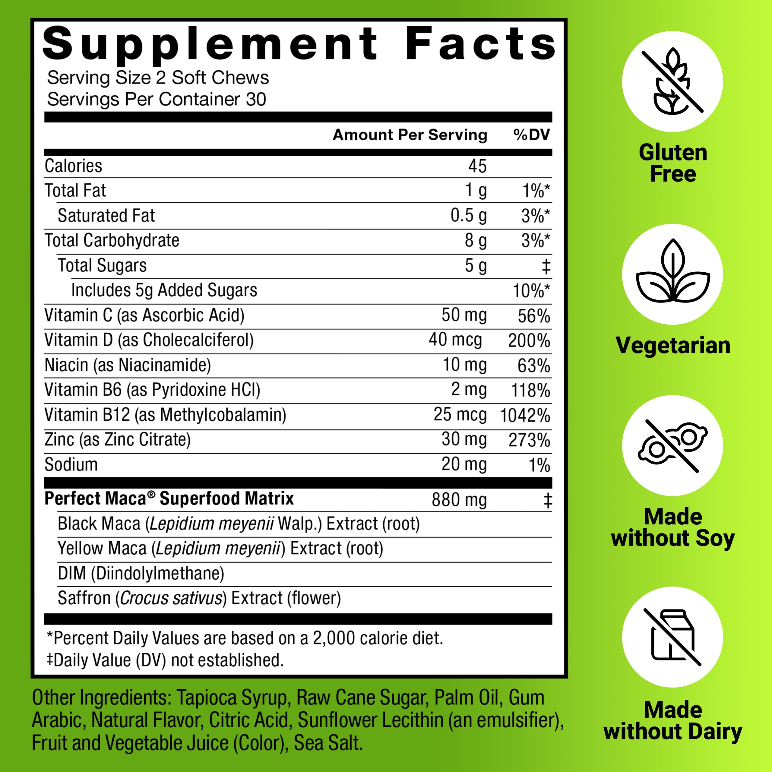 Force Factor Perfect Maca label shows vitamins minerals and antioxidants.