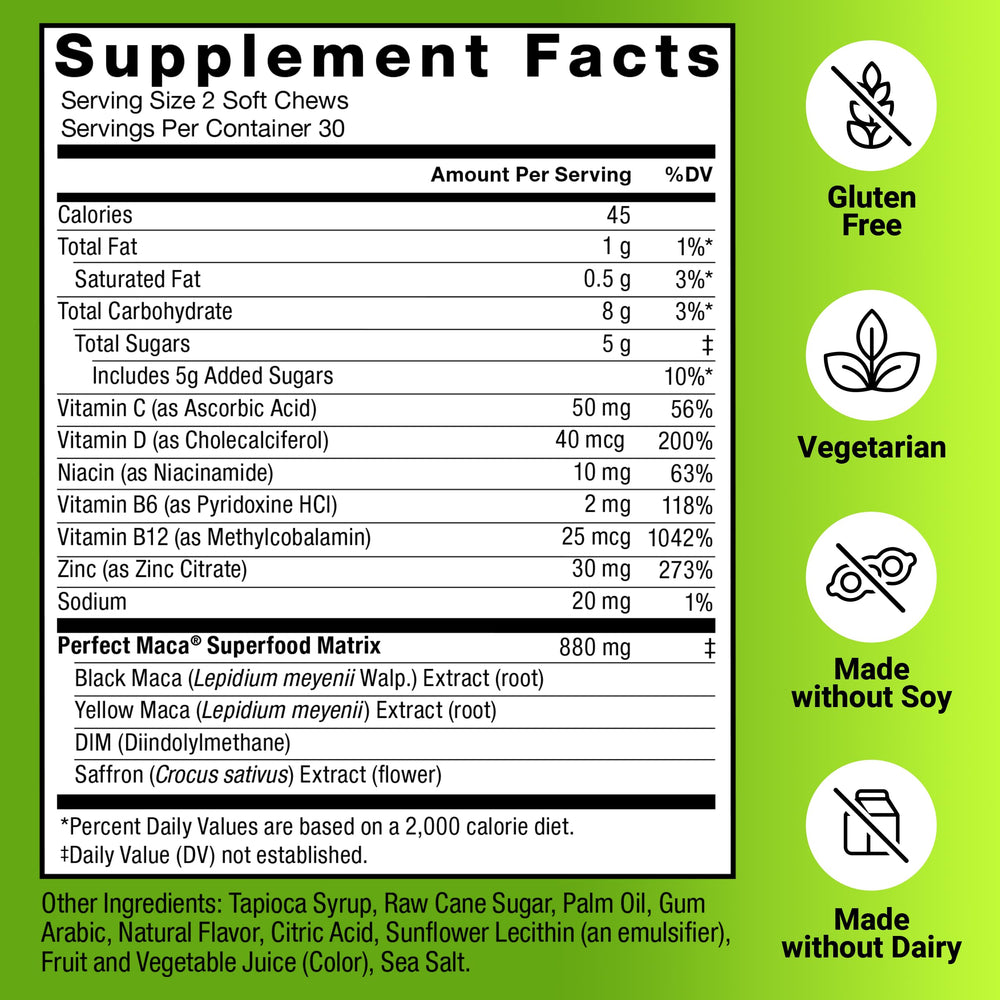 Force Factor Perfect Maca label shows vitamins minerals and antioxidants.