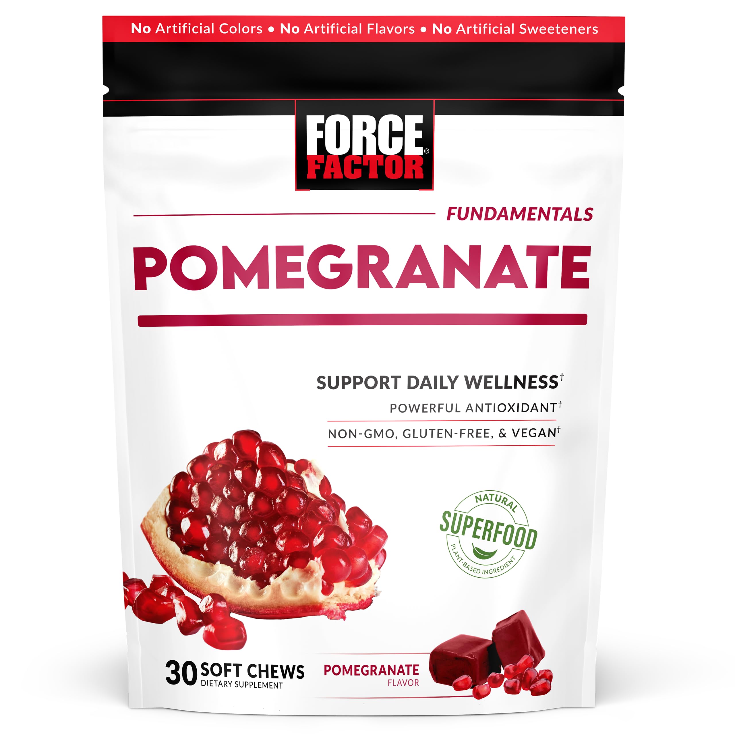 Force Factor Pomegranate Soft Chews bottle-front for convenient daily antioxidant support